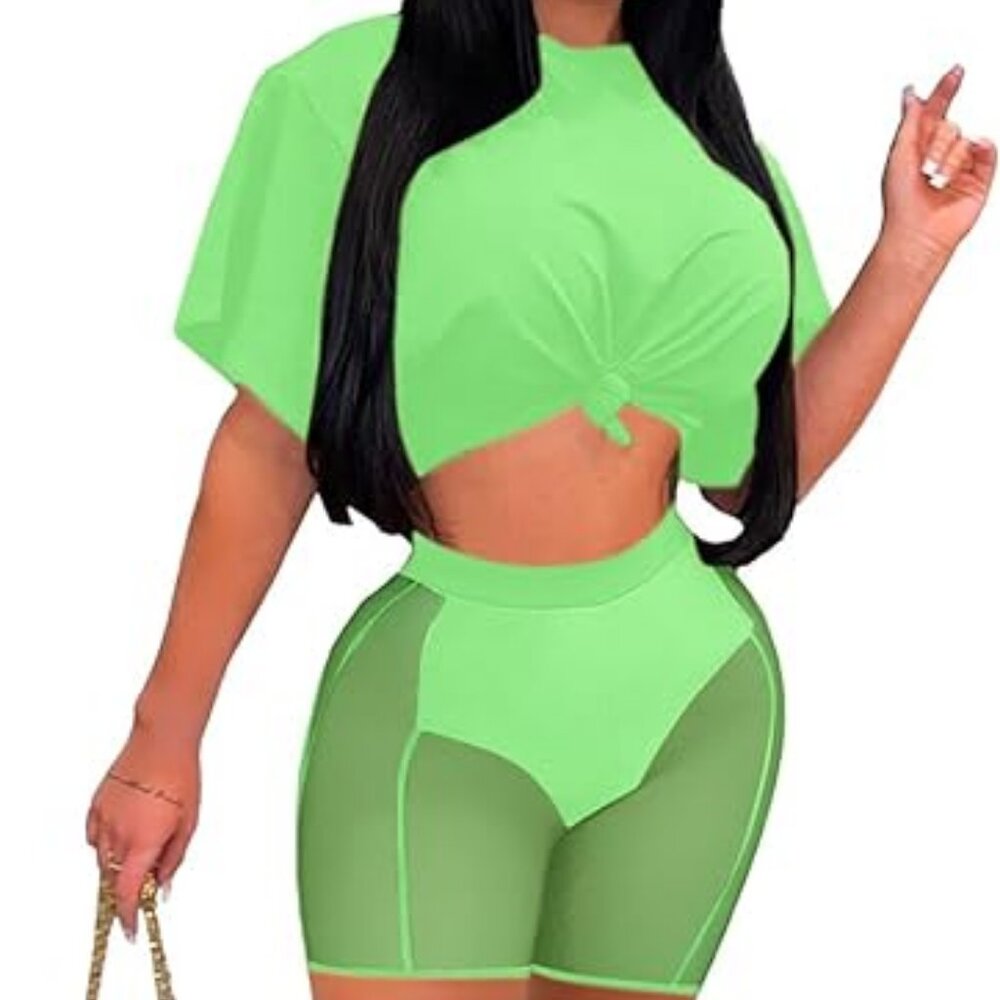 Ekaliy Womens Casual Two-Piece Pants Crop Top and Mesh Leggings Sets Club Romper